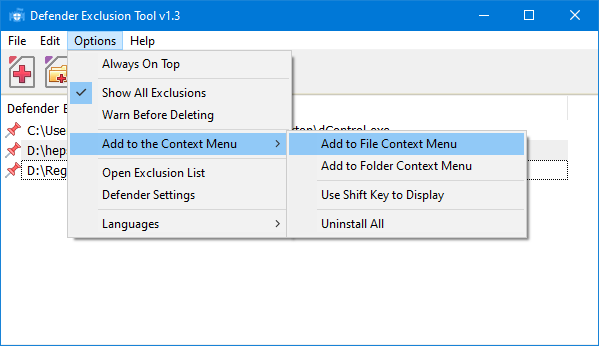 Defender exclusion tool context menu