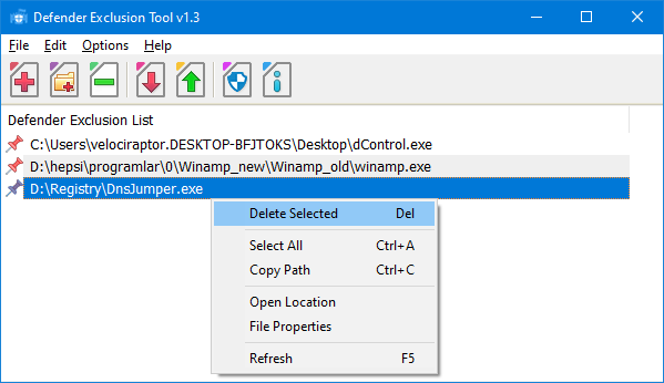 Defender Exclusion tool delete selected