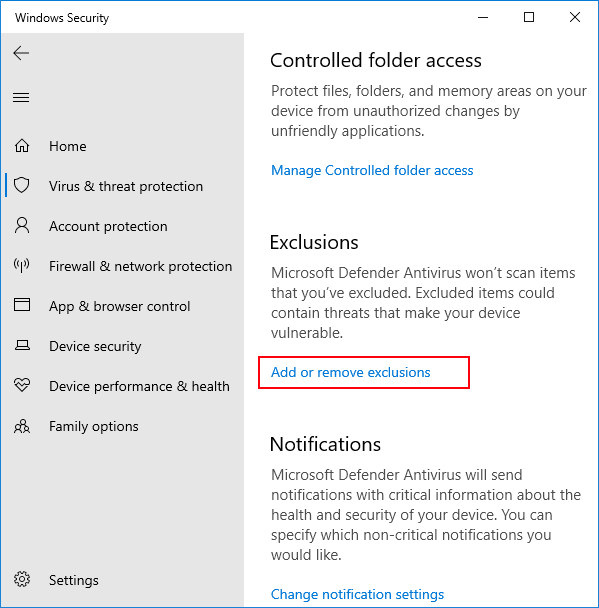 Add or remove exclusions