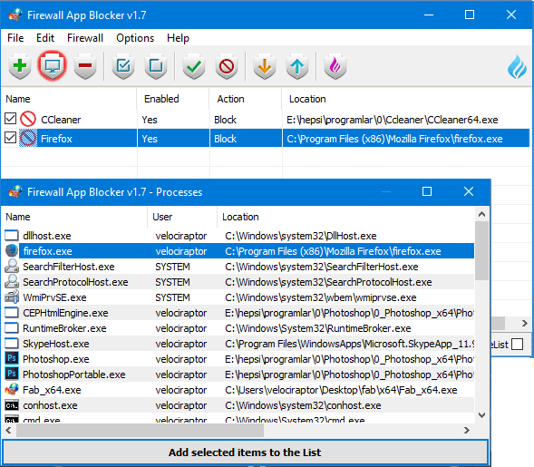 Firewall Application blocker Add process