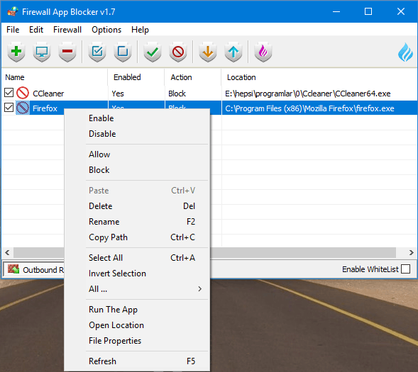 Firewall Application blocker right click menu