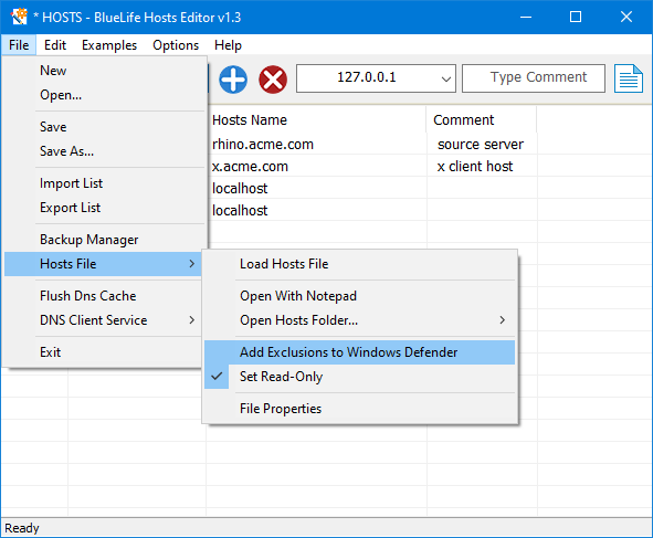 Add hosts file to the defender exclusion list