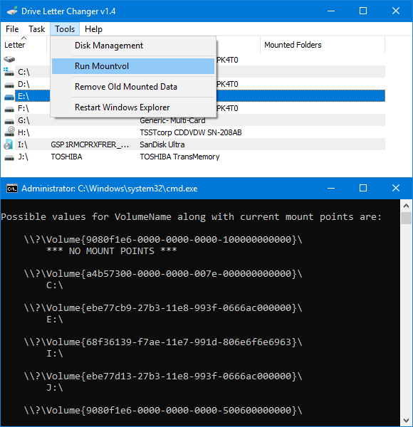 Drive letter changer mountvol