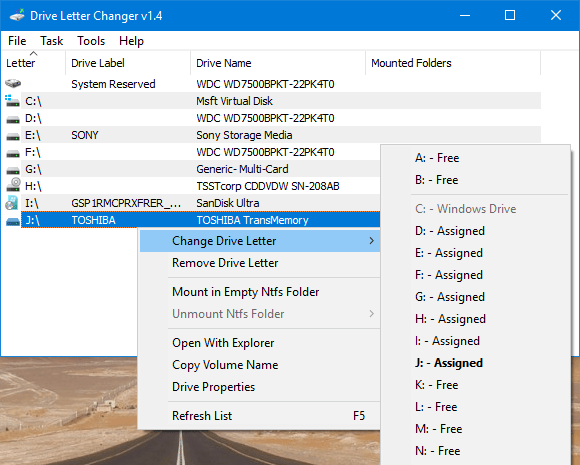 Drive Letter changer task menu