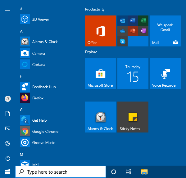 Default Windows 10 start menu layout