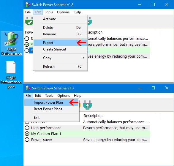 how to export or import a power plan