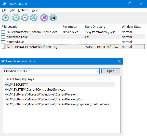 PowerRun launch registry editor