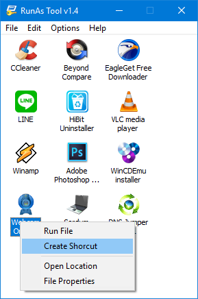 Runastool right click and create a shortcut