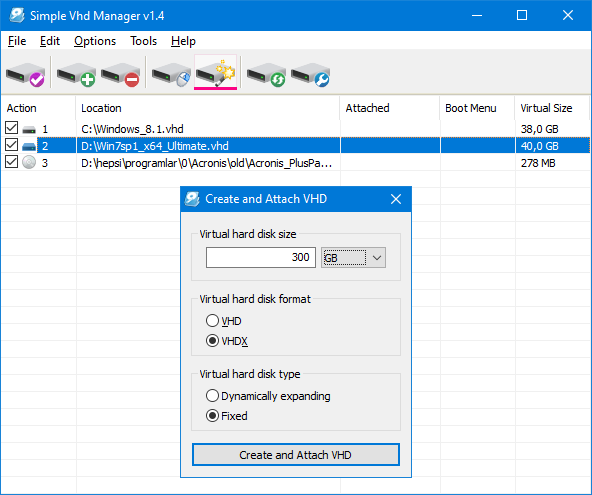 Simple vhd manager create a vhd