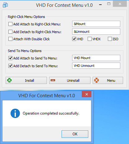 VHD For Context Menu success message