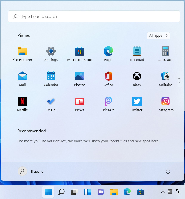 Default windows 11 start menu layout
